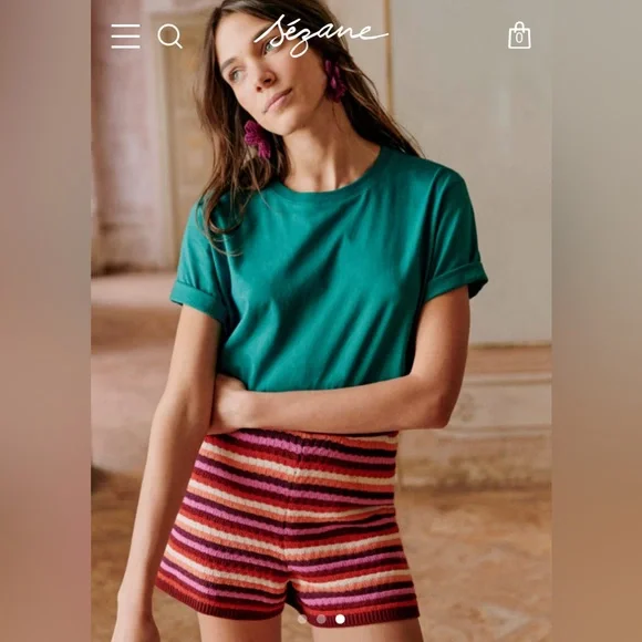 Sezane Eliam Shorts. Striped Knit. Size Small. Burgundy white orange red pink - Picture 3 of 9